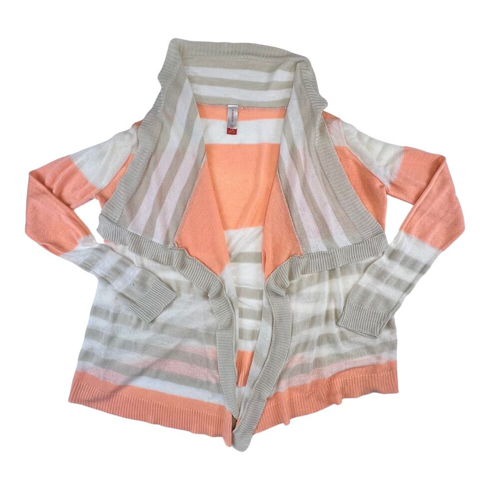 No Boundaries Cardigan L Coral Ivory Coastal Waterfall Open Front Knit Duster